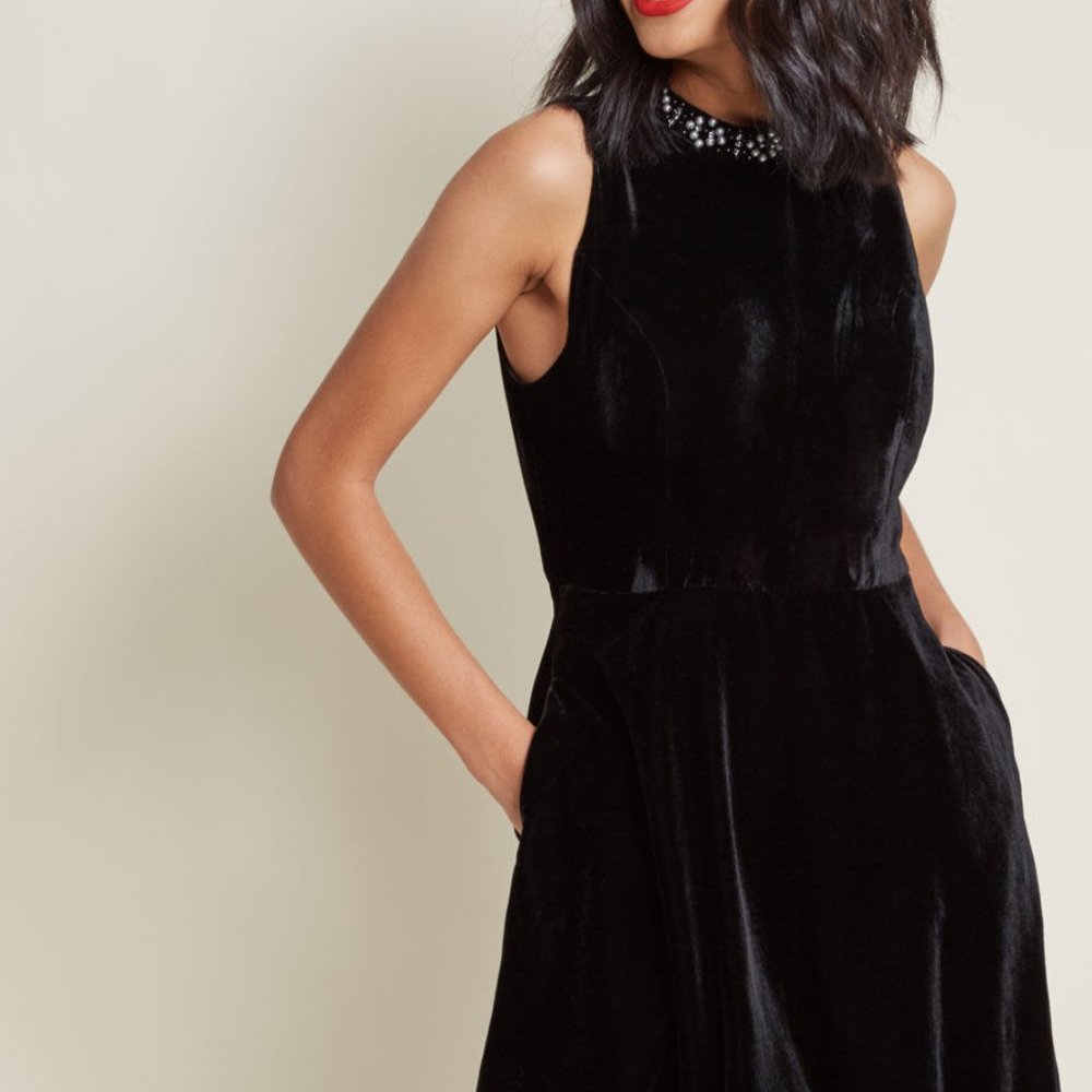 Sleeveless Velvet Dress with Embellished Neckline